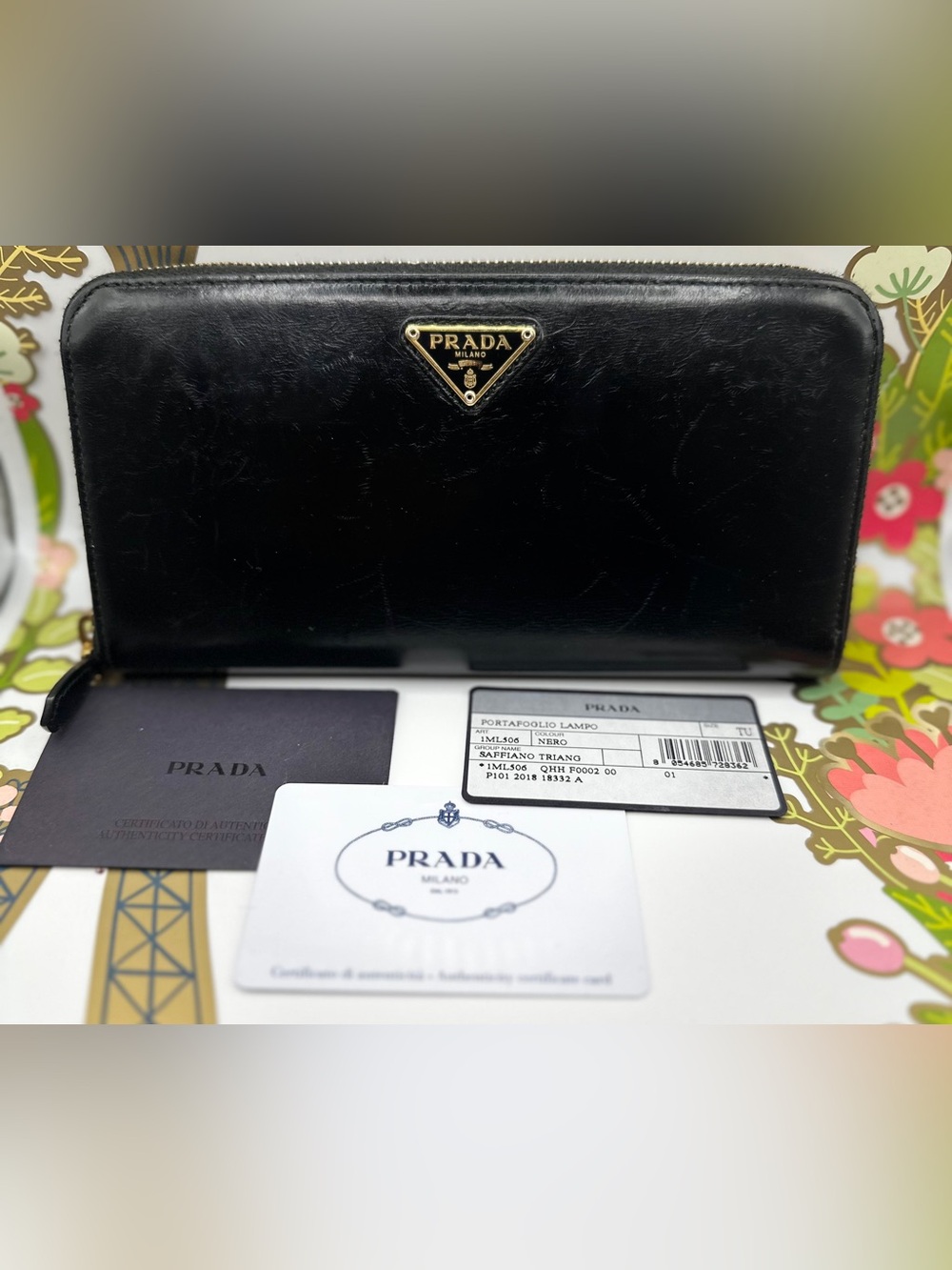 Prada Black Leather Zip Around Wallet with Gold Logo